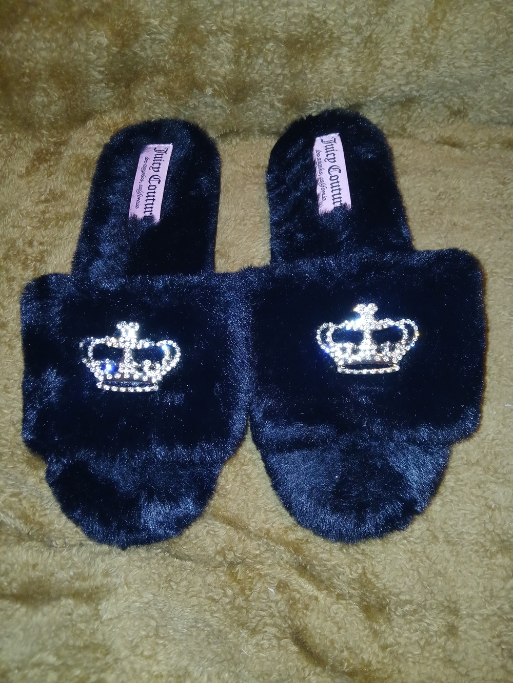 Juicy Couture Black Faux Fur Slide Slippers with Sparkling Crown